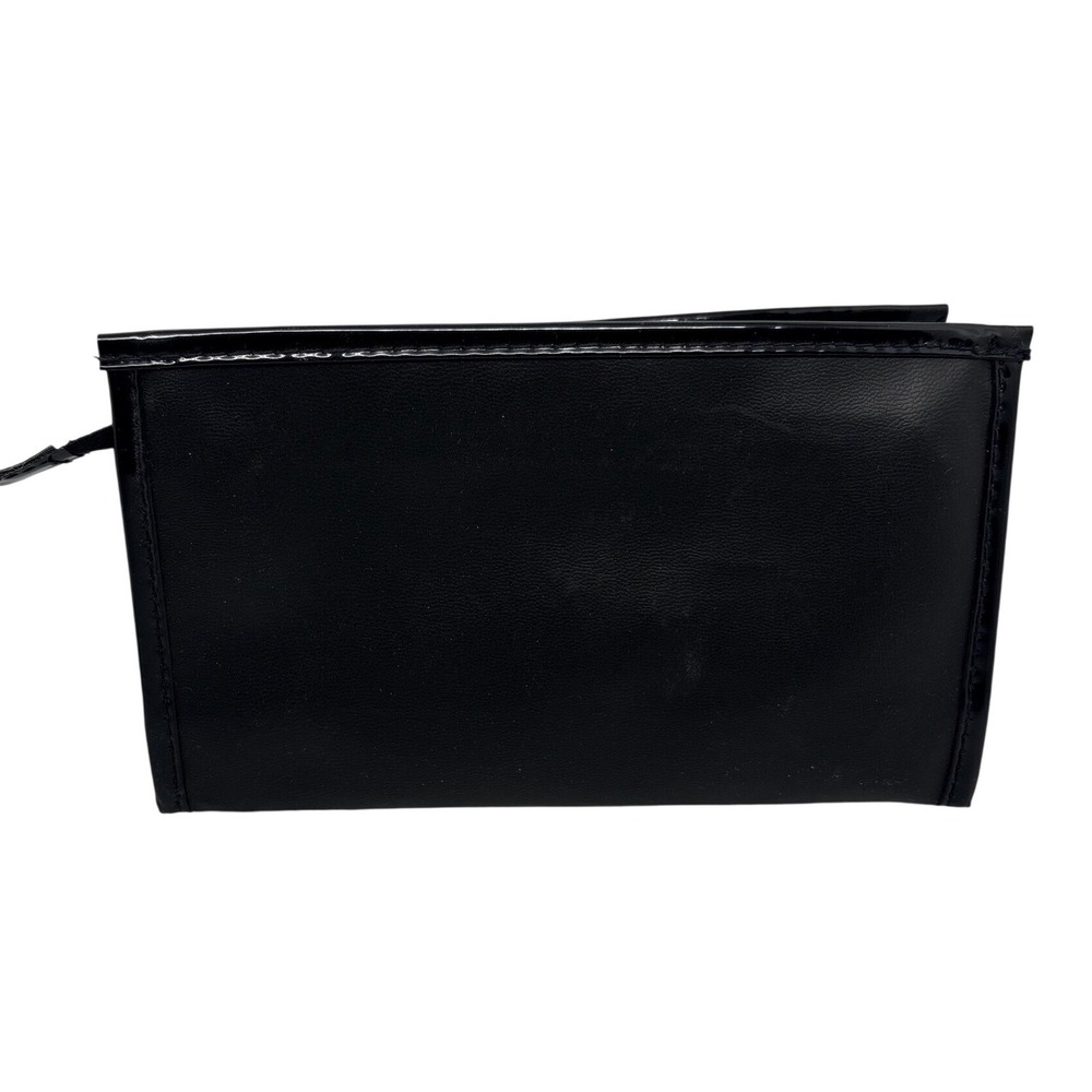 Lancome Black Faux Patent Leather Makeup Bag Gold Logo Zipper Pull Cosmetic Bag